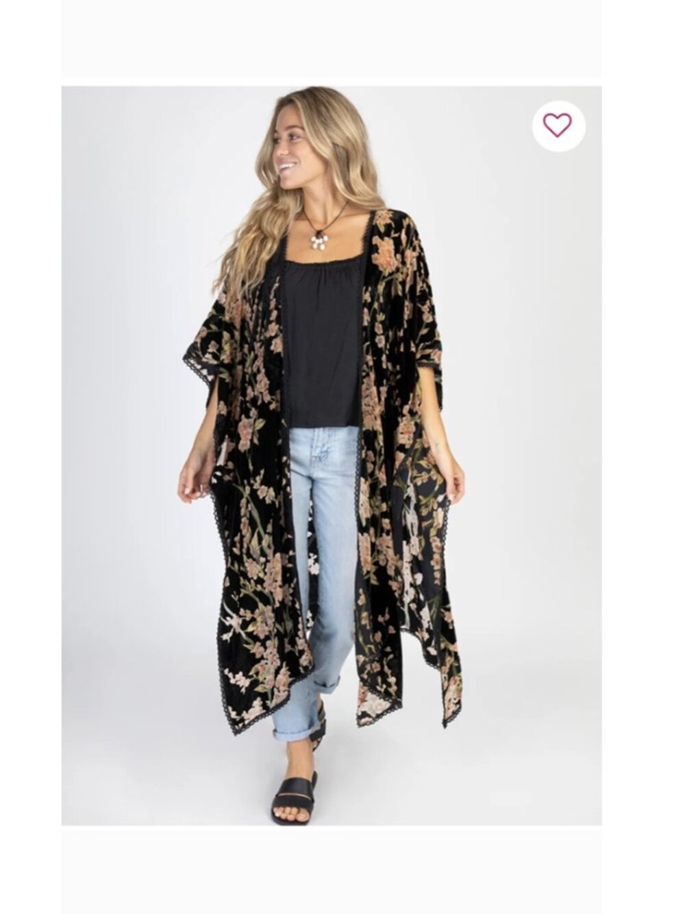 Natural Life Floral Burnout Velvet Kimono One Size Duster Long Cardigan Boho